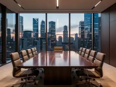 Moderner, leerer Konferenzraum in einem Bürogebäude mit Blick auf eine Finanzmetropole. - Foto: über boerse-global.de