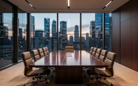 Moderner, leerer Konferenzraum in einem Bürogebäude mit Blick auf eine Finanzmetropole. - Foto: über boerse-global.de