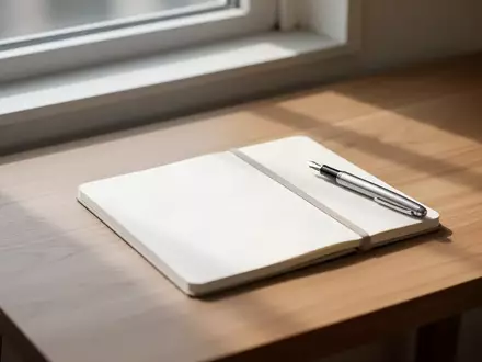 Ein leerer, sonnendurchfluteter Schreibtisch mit einem Notizbuch und einem Stift als Symbol für Selbstreflexion. - Foto: über boerse-global.de