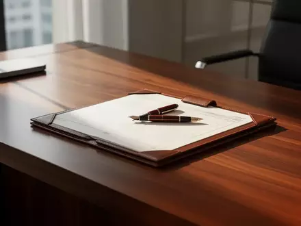 Ein leerer, moderner Schreibtisch mit einem Notizbuch und einem Füllfederhalter in einem hellen, ruhigen Büro. - Foto: über boerse-global.de