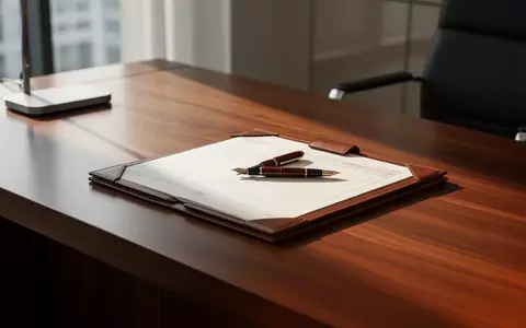 Ein leerer, moderner Schreibtisch mit einem Notizbuch und einem Füllfederhalter in einem hellen, ruhigen Büro. - Foto: über boerse-global.de