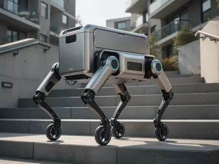 Vierbeiniger Lieferroboter mit Rädern an den Beinen auf einer Betontreppe in einem städtischen Wohngebiet. - Foto: über boerse-global.de