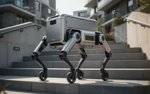 Vierbeiniger Lieferroboter mit Rädern an den Beinen auf einer Betontreppe in einem städtischen Wohngebiet. - Foto: über boerse-global.de