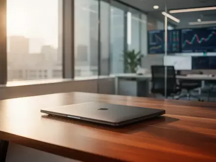 Ein minimalistischer moderner Schreibtisch mit einem geschlossenen Laptop in einer hellen Büroumgebung. - Foto: über boerse-global.de