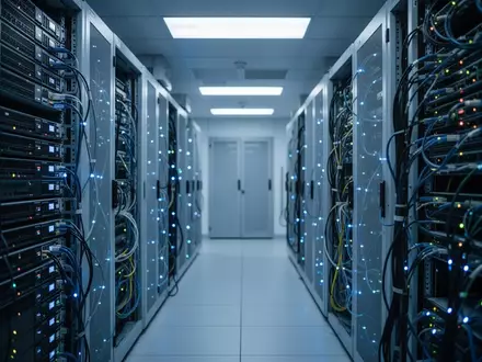 Moderne Serverinfrastruktur in einem Rechenzentrum mit blauer Beleuchtung, die technologische Basis für KI-Zahlungssysteme. - Foto: über boerse-global.de