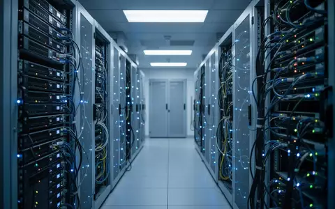 Moderne Serverinfrastruktur in einem Rechenzentrum mit blauer Beleuchtung, die technologische Basis für KI-Zahlungssysteme. - Foto: über boerse-global.de