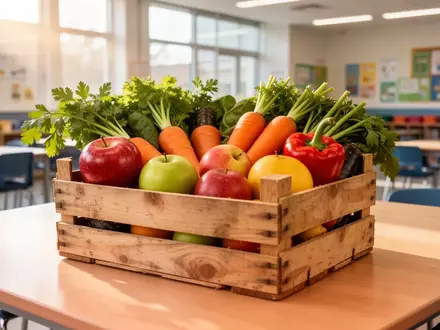 Eine Holzkiste mit frischem Obst und Gemüse auf einem hellen Holztisch in einer hellen Schulkantine. - Foto: über boerse-global.de