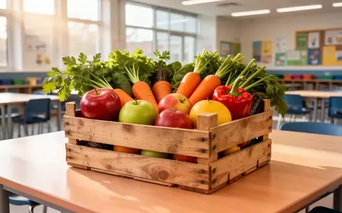 Eine Holzkiste mit frischem Obst und Gemüse auf einem hellen Holztisch in einer hellen Schulkantine. - Foto: über boerse-global.de