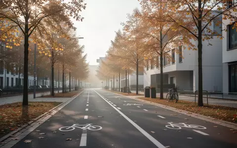 Ein leerer Fahrradweg in einer deutschen Stadt im Herbst mit goldenen Blättern und moderner Architektur im Hintergrund. - Foto: über boerse-global.de