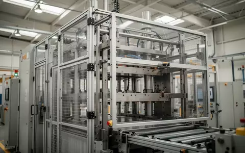 Moderne Industriepresse in einer sauberen Fertigungshalle mit Fokus auf Sicherheitsvorrichtungen und Metallstruktur. - Foto: über boerse-global.de