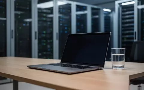 Modernes, aufgeräumtes Büro-Arbeitsumfeld mit einem Laptop auf einem Schreibtisch und einem Serverraum im Hintergrund. - Foto: über boerse-global.de
