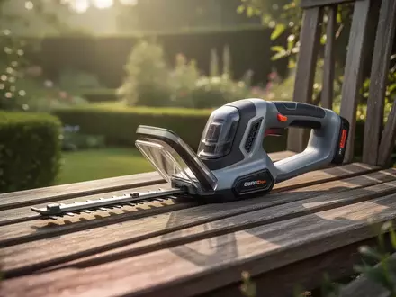 Eine moderne, kabellose Heckenschere liegt auf einer hölzernen Gartenbank in einem gepflegten Garten. - Foto: über boerse-global.de