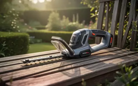 Eine moderne, kabellose Heckenschere liegt auf einer hölzernen Gartenbank in einem gepflegten Garten. - Foto: über boerse-global.de