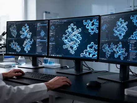 Ein modernes Labor mit Bildschirmen, die komplexe 3D-Strukturen von Proteinen und molekulare Forschungsdaten zeigen. - Foto: über boerse-global.de