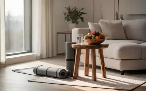 Ein minimalistischer Wohnraum mit einer Yogamatte, einer Karaffe mit Wasser und einer Schale mit frischem Obst bei Tageslicht. - Foto: über boerse-global.de
