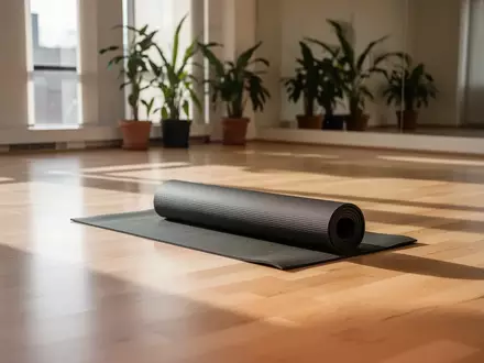 Ein minimalistischer Yogaraum mit hellem Holzboden, einer zusammengerollten Yogamatte und natürlichem Licht. - Foto: über boerse-global.de