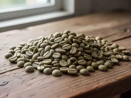 Nahaufnahme von rohen, ungerösteten grünen Kaffeebohnen auf einem hölzernen Tisch bei natürlichem Licht. - Foto: über boerse-global.de
