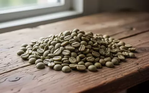 Nahaufnahme von rohen, ungerösteten grünen Kaffeebohnen auf einem hölzernen Tisch bei natürlichem Licht. - Foto: über boerse-global.de