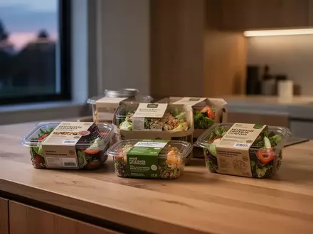 Hochwertig verpackte Ready-to-Eat-Mahlzeiten auf einer modernen Holzküchenzeile bei natürlichem Licht. - Foto: über boerse-global.de