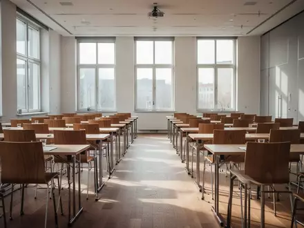 Leerer Konferenzsaal in Berlin mit ordentlich aufgestellten Stuhlreihen und Tischen in einer modernen Arbeitsumgebung. - Foto: über boerse-global.de