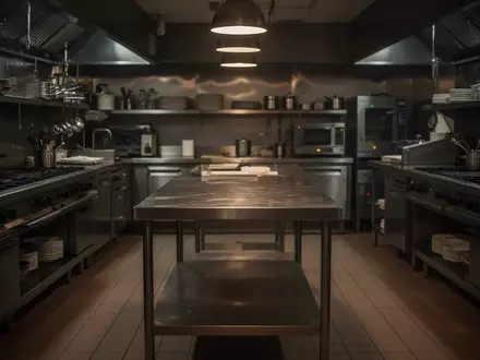 Leere, professionelle Restaurantküche mit Edelstahloberflächen in gedämpftem Licht. - Foto: über boerse-global.de