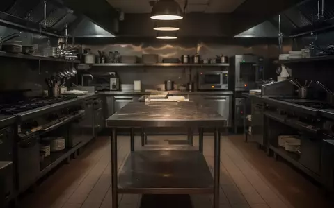 Leere, professionelle Restaurantküche mit Edelstahloberflächen in gedämpftem Licht. - Foto: über boerse-global.de