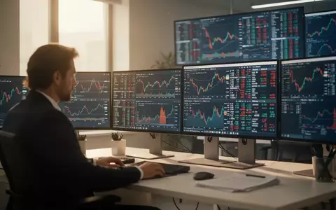 Ein Finanzanalyst arbeitet an einem modernen Schreibtisch mit mehreren Monitoren, die Börsendaten anzeigen. - Foto: über boerse-global.de