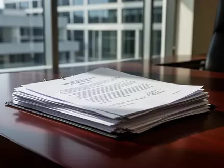Stapel von Rechtsdokumenten und Verträgen auf einem dunklen Schreibtisch in einem modernen Bürogebäude. - Foto: über boerse-global.de