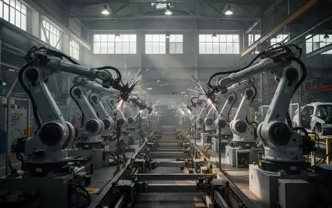 Leere Fertigungshalle in einem Volkswagen-Automobilwerk mit unbesetzten Industrierobotern und Montagelinien. - Foto: über boerse-global.de