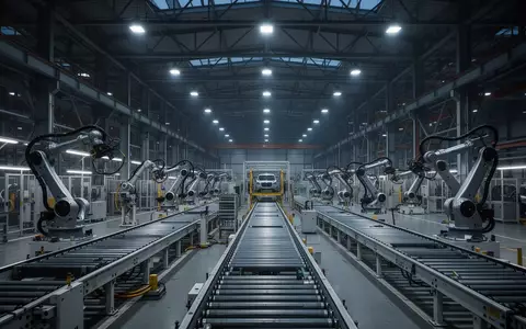 Leere, moderne Automobil-Produktionshalle mit automatisierten Fertigungsrobotern bei gedimmtem Licht. - Foto: über boerse-global.de