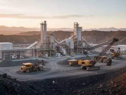 Moderne Industrieanlage zur Mineralienverarbeitung in einer weitläufigen Landschaft bei Sonnenuntergang. - Foto: über boerse-global.de