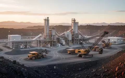 Moderne Industrieanlage zur Mineralienverarbeitung in einer weitläufigen Landschaft bei Sonnenuntergang. - Foto: über boerse-global.de