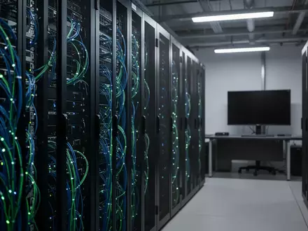 Moderne Server-Infrastruktur in einem Rechenzentrum mit leuchtenden Glasfaserkabeln und technischer Hardware. - Foto: über boerse-global.de