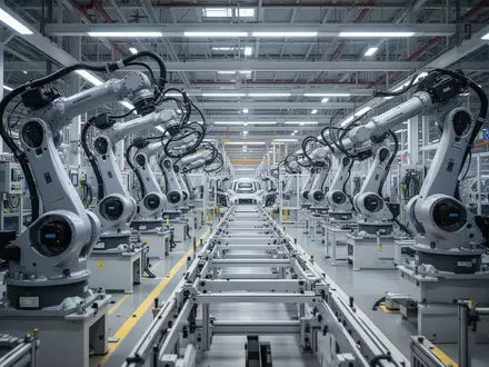 Moderne, leere Montagehalle eines Automobilwerks mit Industrierobotern bei natürlichem Licht. - Foto: über boerse-global.de
