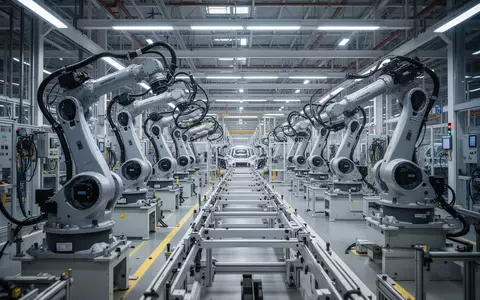 Moderne, leere Montagehalle eines Automobilwerks mit Industrierobotern bei natürlichem Licht. - Foto: über boerse-global.de