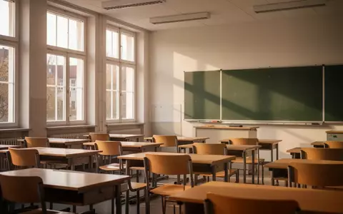Ein leerer, sonnendurchfluteter Klassenraum in einer Berliner Schule mit ordentlich aufgestellten Tischen und Stühlen. - Foto: über boerse-global.de