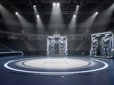 Zwei humanoide Roboter stehen in einer beleuchteten Arena in Riad, bereit für einen sportlichen Wettkampf. - Foto: über boerse-global.de