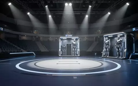 Zwei humanoide Roboter stehen in einer beleuchteten Arena in Riad, bereit für einen sportlichen Wettkampf. - Foto: über boerse-global.de