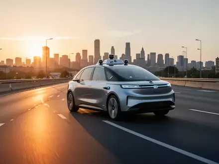 Ein modernes autonomes Robotaxi fährt auf einer städtischen Straße während des Sonnenuntergangs. - Foto: über boerse-global.de