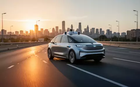 Ein modernes autonomes Robotaxi fährt auf einer städtischen Straße während des Sonnenuntergangs. - Foto: über boerse-global.de