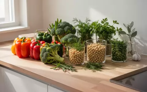 Frische, vorbereitete Lebensmittel in Glasbehältern auf einer hellen Holzküchenarbeitsplatte bei natürlichem Licht. - Foto: über boerse-global.de