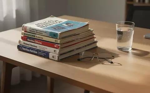 Ein minimalistischer Schreibtisch mit medizinischen Fachbüchern, einer Lesebrille und einem Glas Wasser in hellem Tageslicht. - Foto: über boerse-global.de