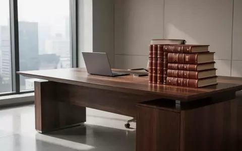 Ein moderner, minimalistischer Arbeitsplatz in einer Anwaltskanzlei mit einem geschlossenen Laptop und gestapelten Fachbüchern. - Foto: über boerse-global.de