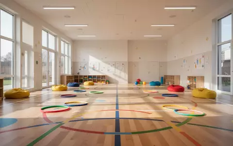 Heller, leerer Bewegungsraum in einer Kindertagesstätte mit bunten Bodenmarkierungen und Sportgeräten im Sonnenlicht. - Foto: über boerse-global.de