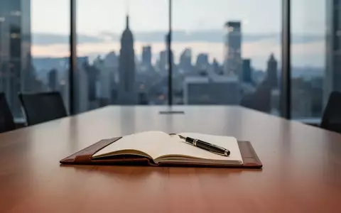 Ein minimalistischer Konferenzraum mit Blick auf eine Skyline bei Dämmerung, Fokus auf einen leeren Schreibtisch. - Foto: über boerse-global.de