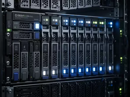 Reihen von Enterprise-Festplatten in einem Server-Rack mit leuchtenden Status-LEDs in einem Rechenzentrum. - Foto: über boerse-global.de