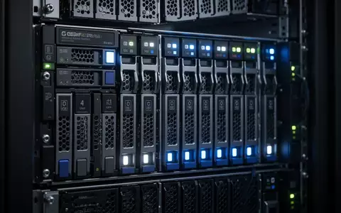 Reihen von Enterprise-Festplatten in einem Server-Rack mit leuchtenden Status-LEDs in einem Rechenzentrum. - Foto: über boerse-global.de