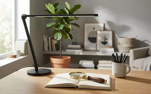 Eine moderne, minimalistische Schreibtischleuchte und eine hochwertige Lupe auf einem sauberen Schreibtisch in einem hellen, wohnlichen Büro. - Foto: über boerse-global.de