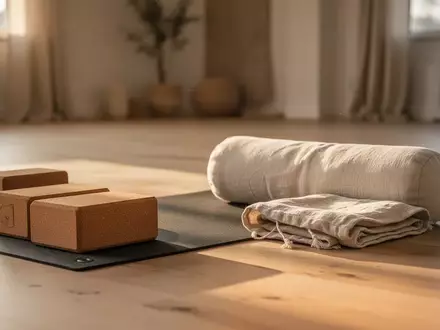 Ein minimalistisch eingerichteter Yoga-Raum mit einer ausgerollten Matte, Yoga-Blöcken und einem Polster in warmem Licht. - Foto: über boerse-global.de