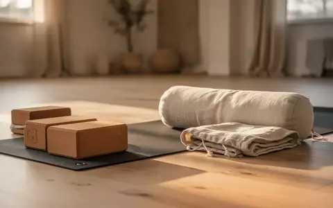 Ein minimalistisch eingerichteter Yoga-Raum mit einer ausgerollten Matte, Yoga-Blöcken und einem Polster in warmem Licht. - Foto: über boerse-global.de
